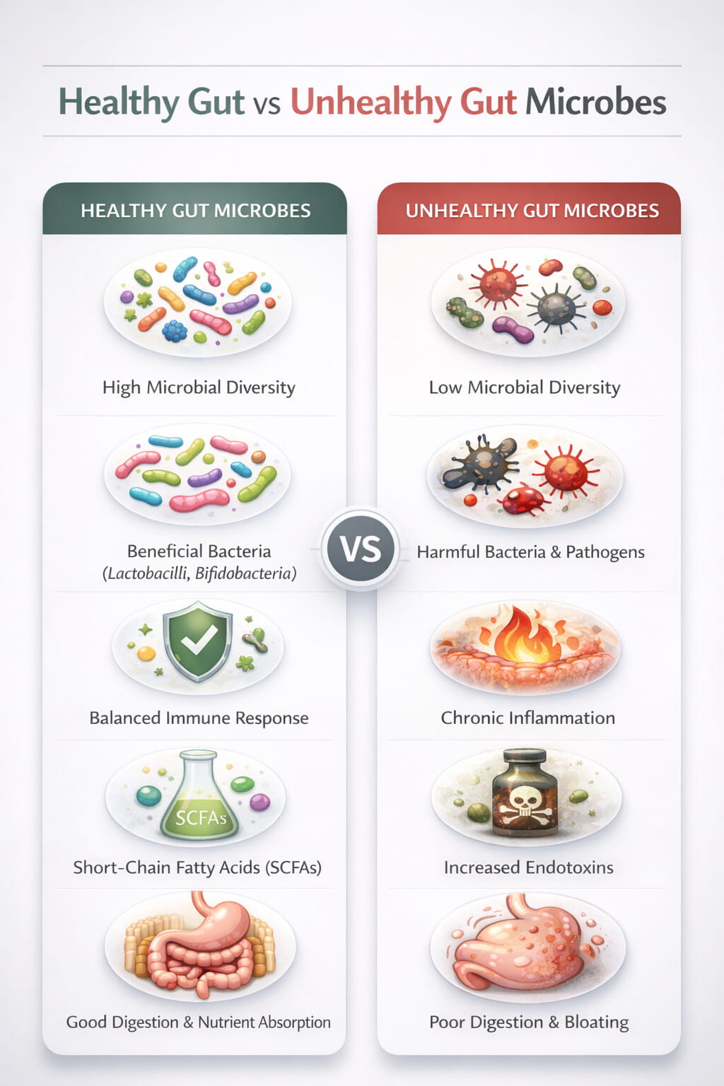 Healthy Gut Microbiome vs Unhealthy Gut Microbiome Comparison