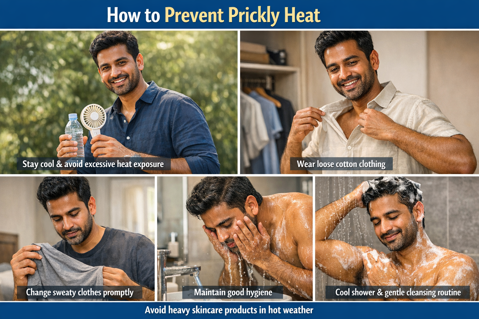 Cool shower and gentle cleansing routine for prickly heat prevention