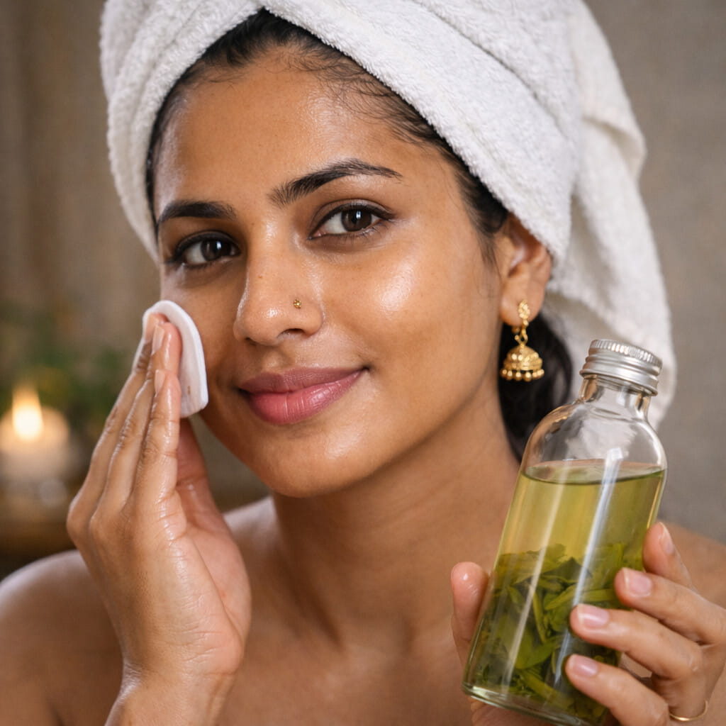Green tea face toner in glass bottle