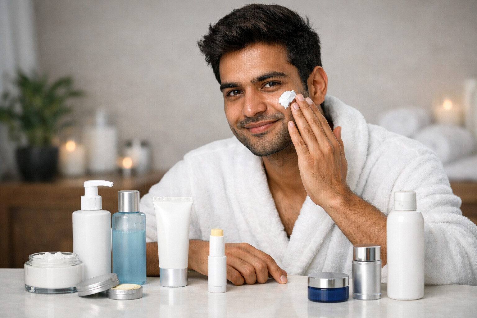 Winter skincare routine products arranged on table