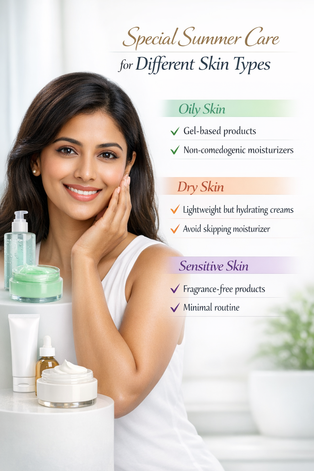 Hydration-focused summer skincare and water intake visual