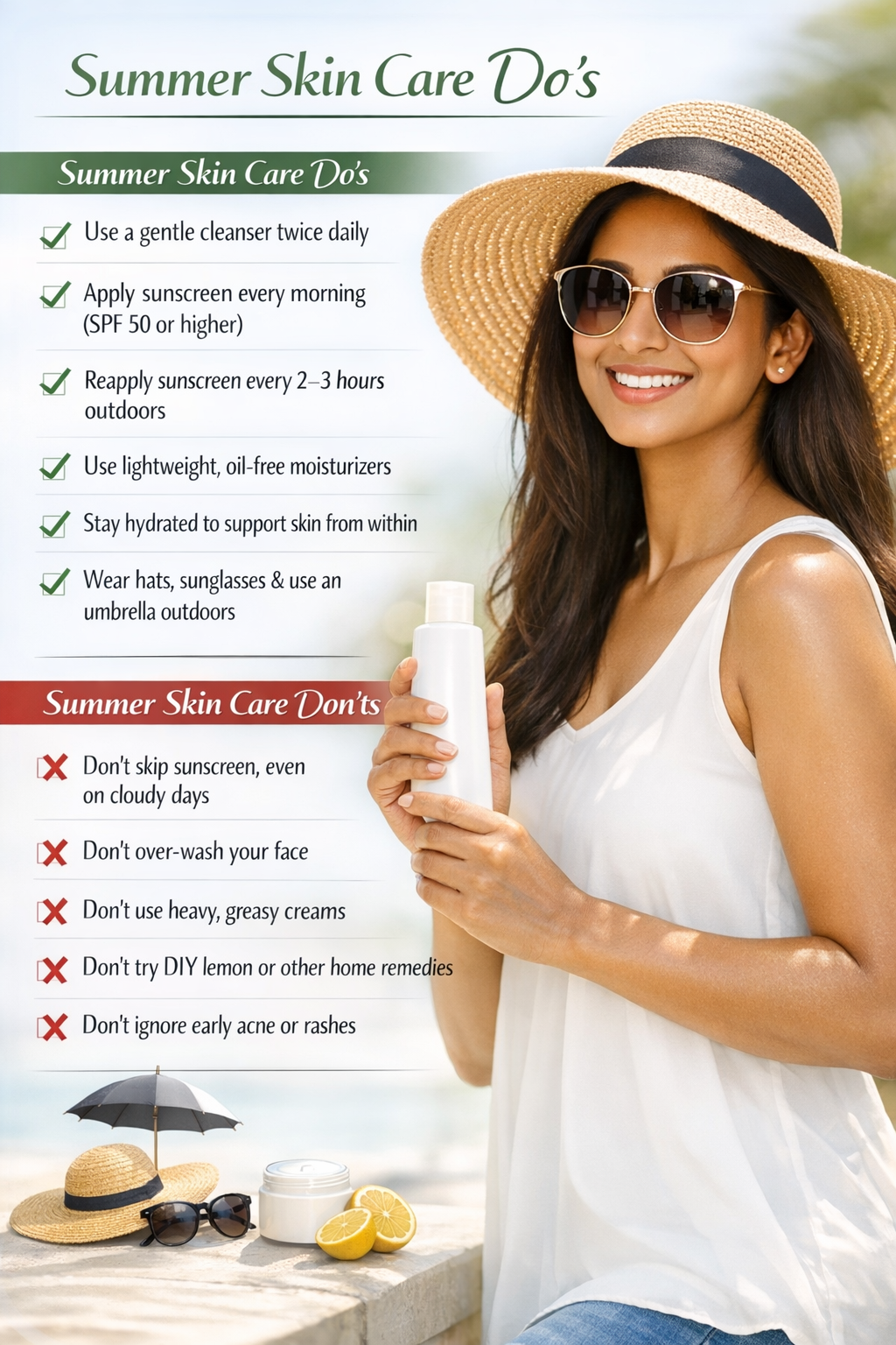 Woman outdoors using sun-protective accessories during summer